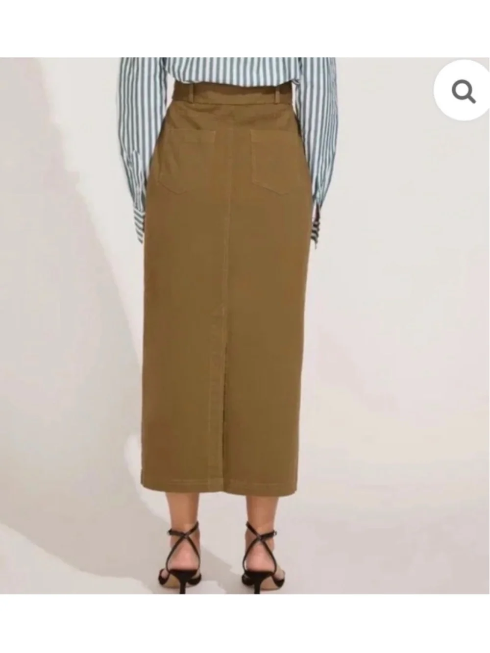 Women's Solid & Striped Midi Skirt Size S Olive Button Front Belted